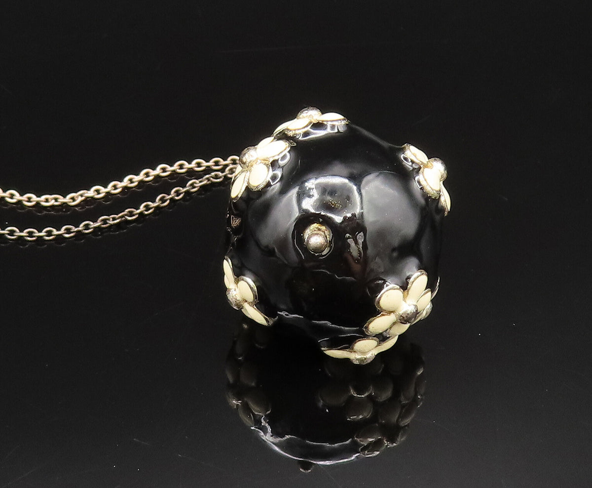 DESIGNER 925 Silver  Vintage Enamel Flowers & Sphere Chain Necklace  NE3972