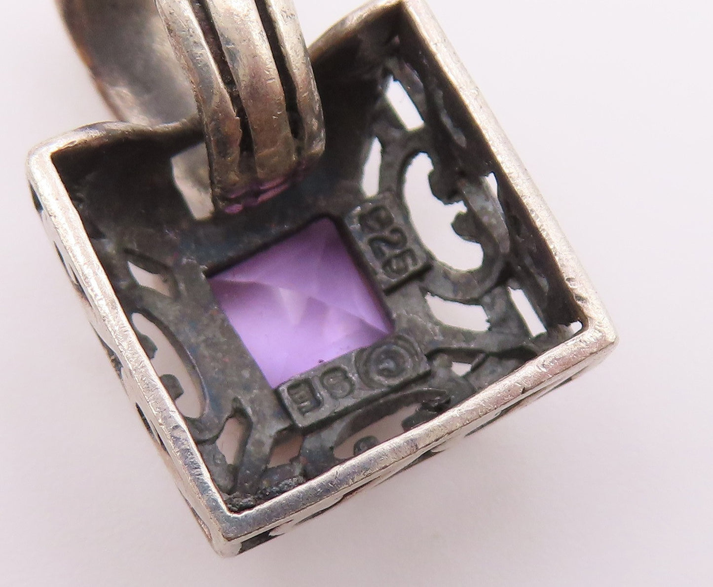 925 Sterling Silver  Vintage Amethyst Cutout Square Dome Pendant  PT17412