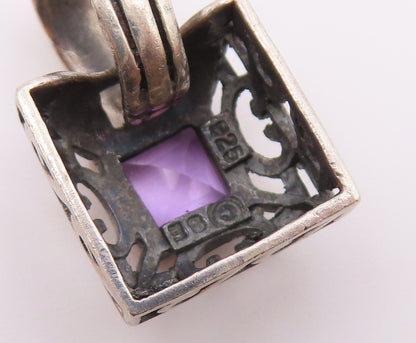 925 Sterling Silver  Vintage Amethyst Cutout Square Dome Pendant  PT17412