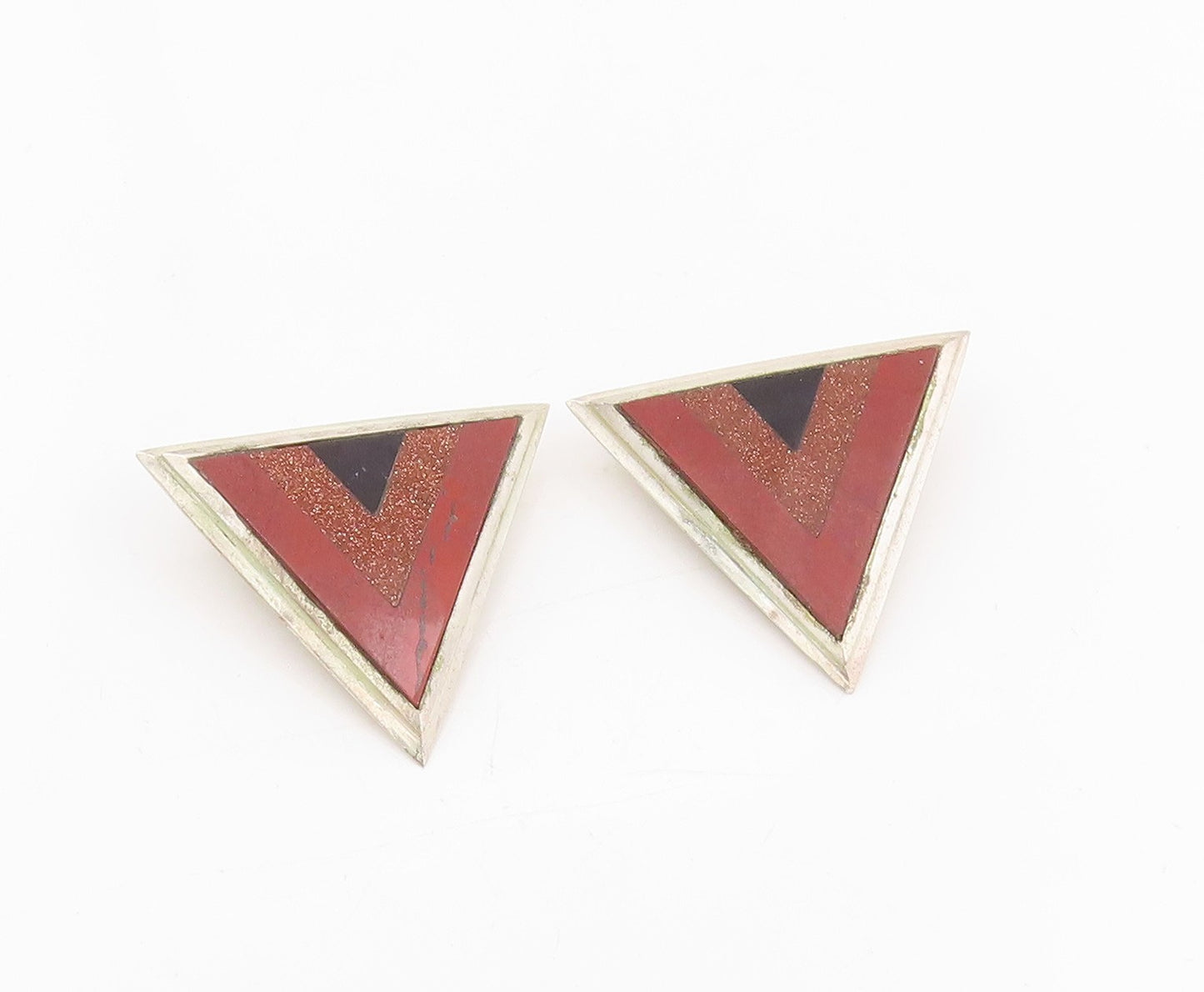 925 Sterling Silver Vintage Earrings Multi Gemstone Triangular Clip On  EG13801