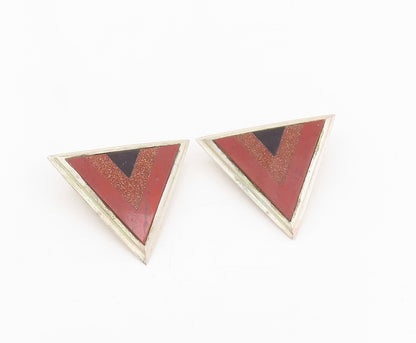 925 Sterling Silver Vintage Earrings Multi Gemstone Triangular Clip On  EG13801