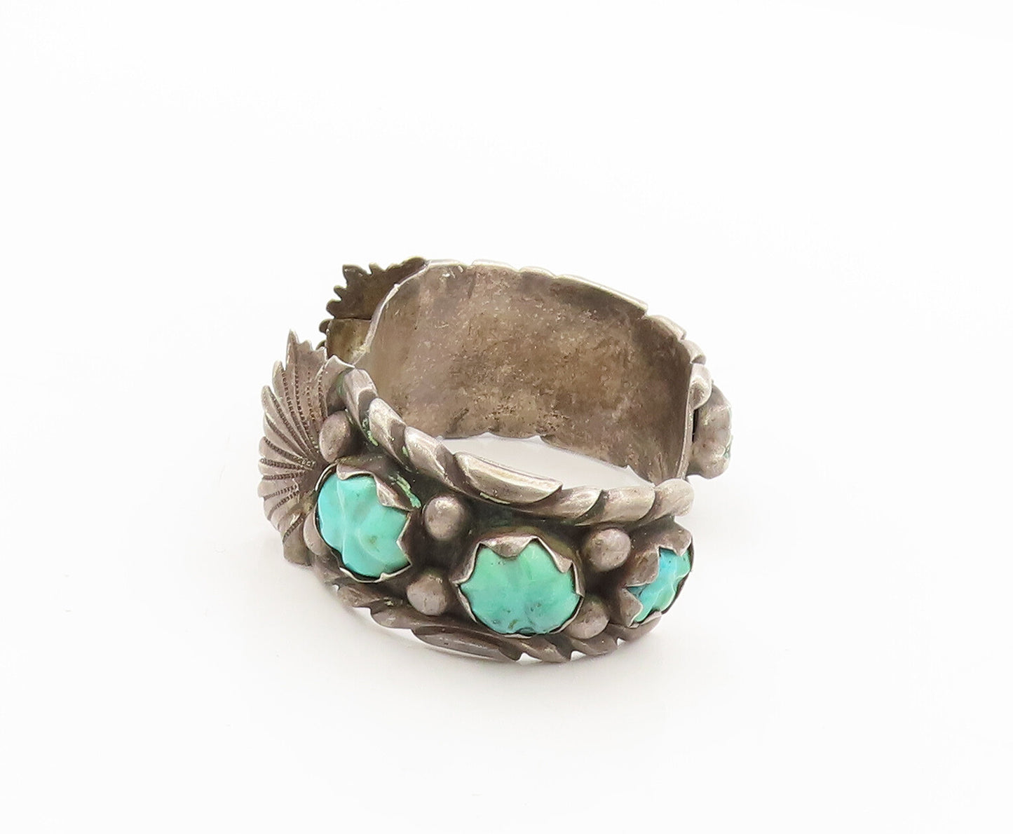 NAVAJO ZUNI 925  Silver  Vintage Antique Turquoise Carved Watch Cuff  TR3674