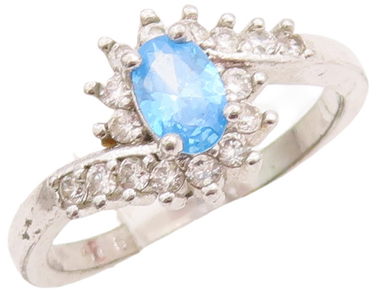 925 Sterling Silver Vintage Ring Designer Oval Blue & White CZ  Sz 7  RG28965