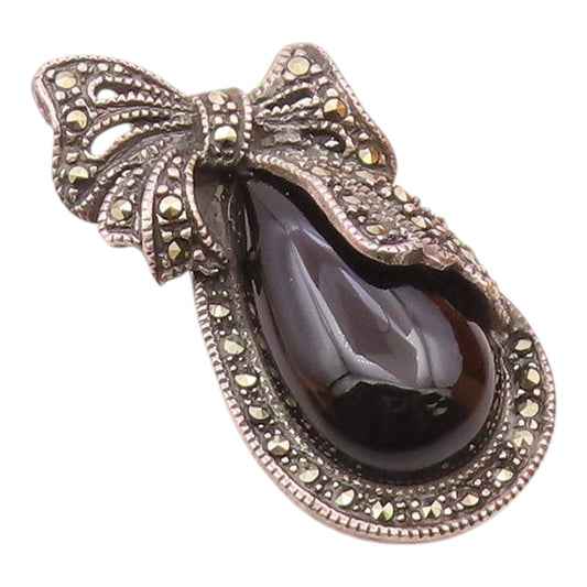 925 Silver  Vintage Pear Shaped Onyx & Marcasite Bow Tie Pendant  PT21761