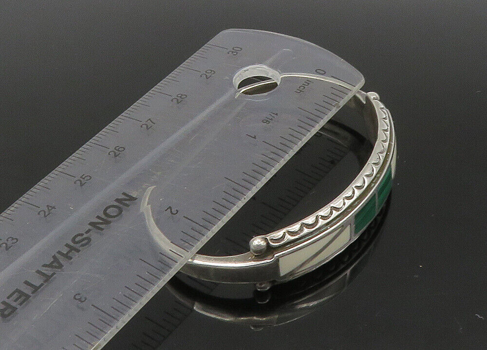 ZUNI NAVAJO 925 Sterling Silver Vintage Malachite & Agate Cuff Bracelet BT8943