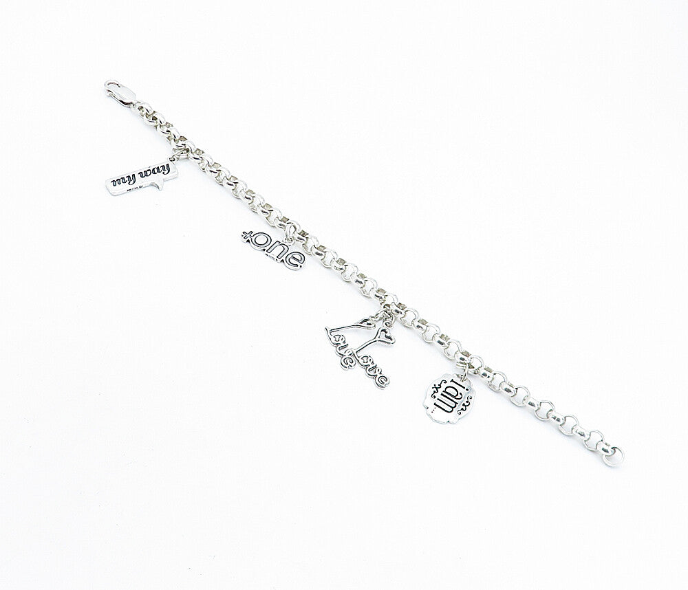 925 Sterling Silver  Assorted Stamped Charms Round Link Chain Bracelet  BT2173