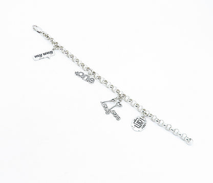 925 Sterling Silver  Assorted Stamped Charms Round Link Chain Bracelet  BT2173