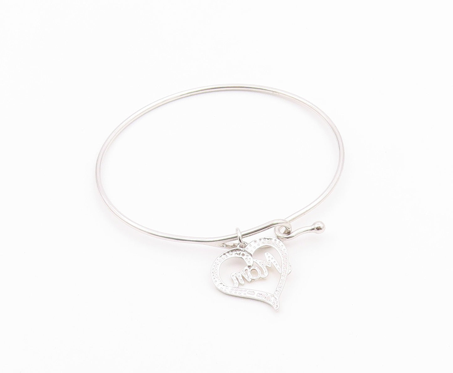 925 Sterling Silver  Genuine Diamond Mom Love Heart Bangle Bracelet  BT8264