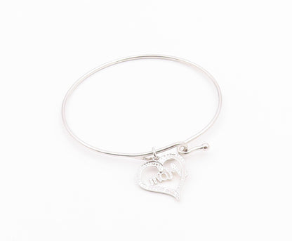 925 Sterling Silver  Genuine Diamond Mom Love Heart Bangle Bracelet  BT8264