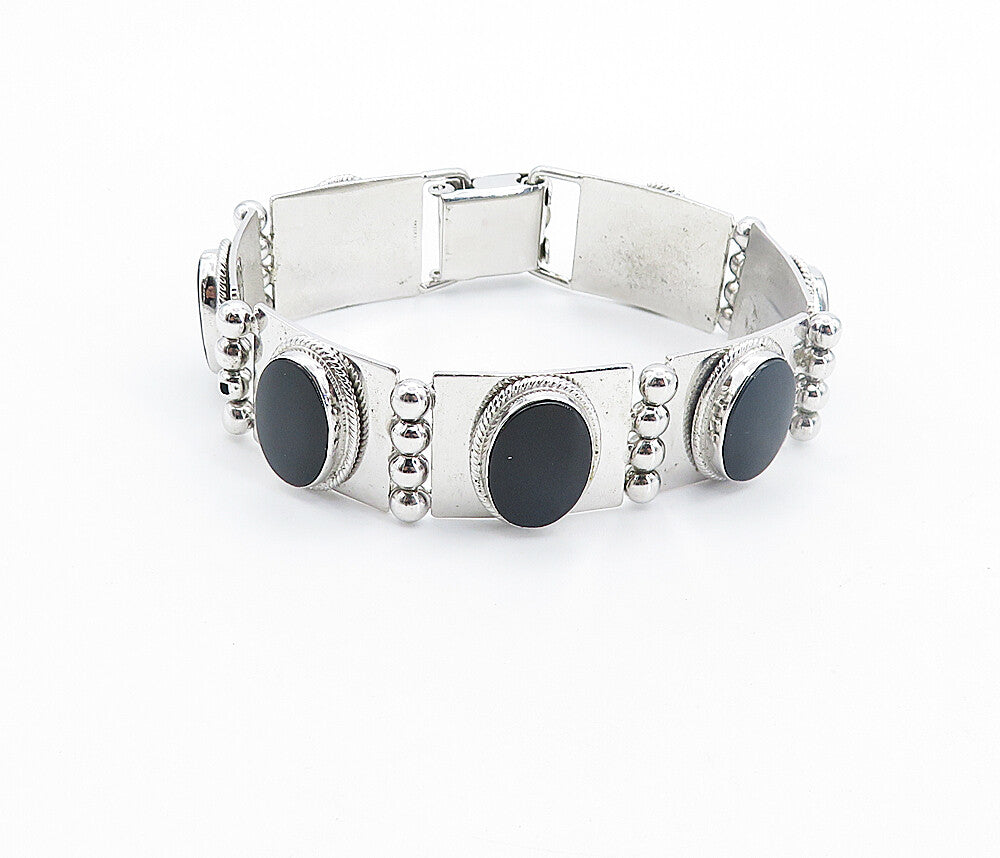 925 Sterling Silver Black Onyx Panel Hinge Link Shiny Chain Bracelet  BT3509
