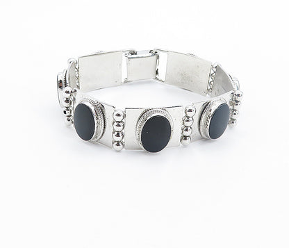 925 Sterling Silver Black Onyx Panel Hinge Link Shiny Chain Bracelet  BT3509