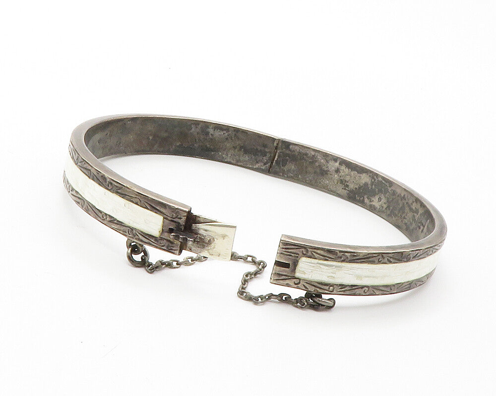 SIAM 925 Sterling Silver  Vintage Enamel Dark Tone Bangle Bracelet  BT5420