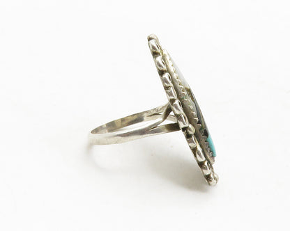 925 Sterling Silver  Vintage Turquoise Swirl Border Cocktail Ring Sz 6.5 RG12788