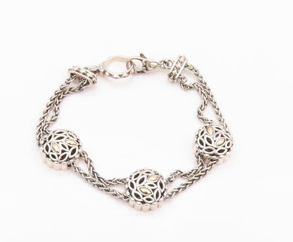 14k Gold 925 Sterling Silver Vintage Bracelet Round Floral Cut Chained  BT11091