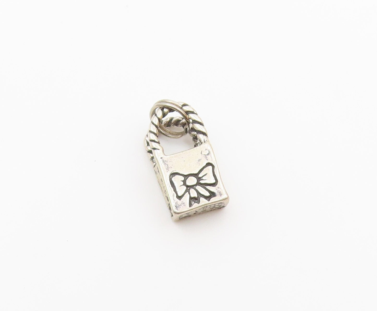 925 Sterling Silver  Vintage Petite Ribbon Bow Shopping Bag Pendant  PT19369