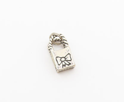 925 Sterling Silver  Vintage Petite Ribbon Bow Shopping Bag Pendant  PT19369