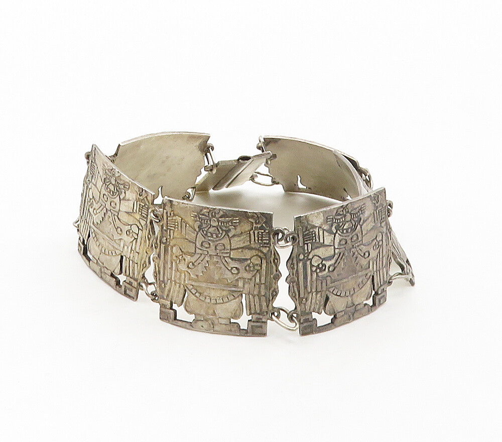 PERU 925 Sterling Silver Vintage Pre Columbian Detail Chain Bracelet BT6618