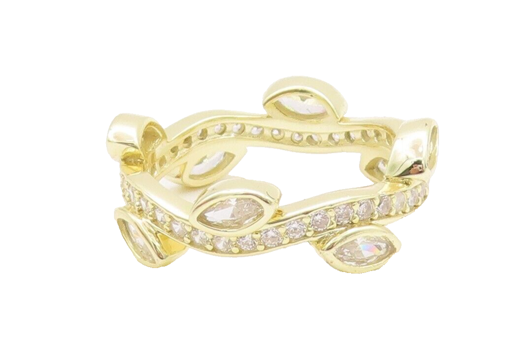 925 Sterling Silver Vintage Ring Gold Plated Leaf Cut CZ Inlay  Sz 7  RG29507
