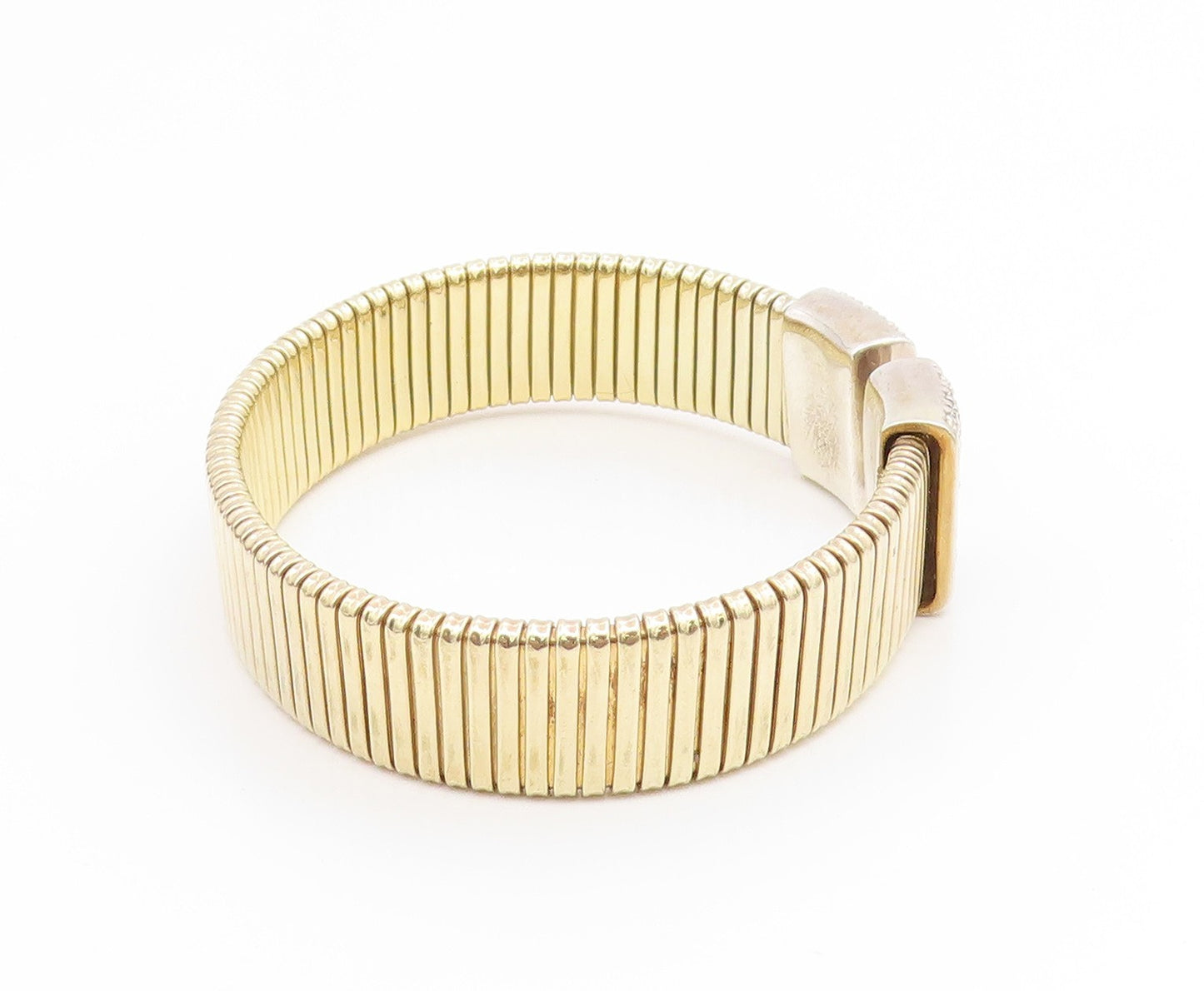 925 Sterling Silver Vintage Bracelet Gold Plated CZ Modernist Wide Cuff  BT11898