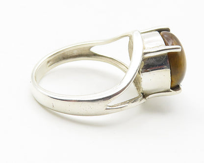 925 Sterling Silver  Cabochon Cut Tiger's Eye Shiny Band Ring Sz 6  RG11590