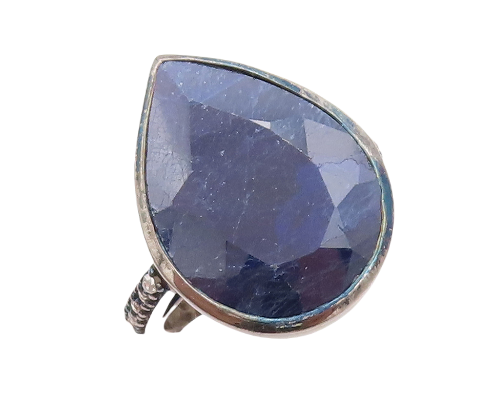 925 Sterling Silver Vintage Ring Drop Cut Blue Gemstone Diamonds  Sz 7  RG29174