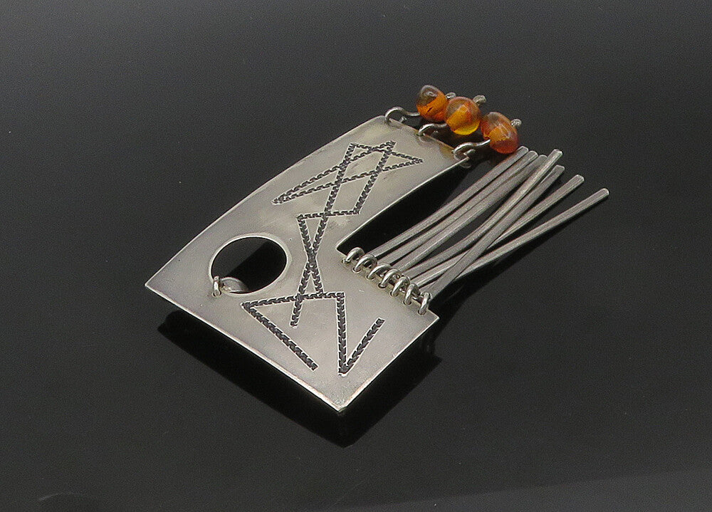 925 Sterling Silver  Vintage Modernist Dangling Amber Brooch Pin  BP8307