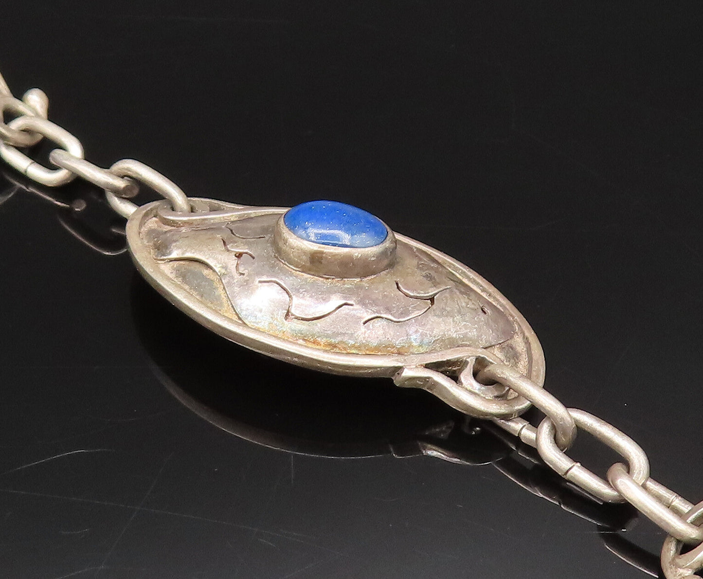 925 Silver  Vintage Etched Lines Lapis Lazuli Dome Chain Bracelet  BT9765