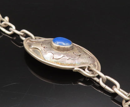 925 Silver  Vintage Etched Lines Lapis Lazuli Dome Chain Bracelet  BT9765