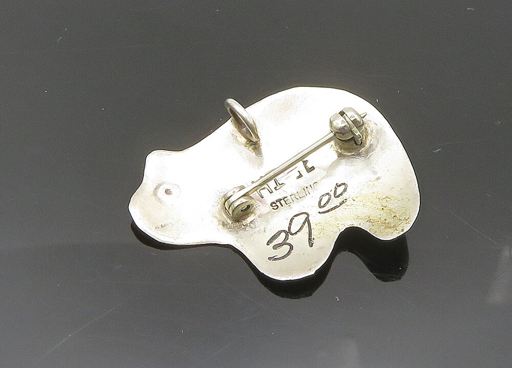 NAVAJO 925 Silver  Vintage Turquoise Shiny Etched Bear Brooch Pin  BP8021