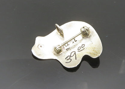 NAVAJO 925 Silver  Vintage Turquoise Shiny Etched Bear Brooch Pin  BP8021