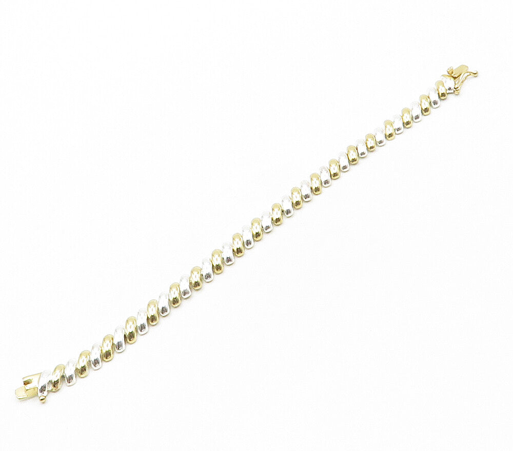 925 Sterling Silver  Shiny Polished Two Tone Dome Link Chain Bracelet  BT6115