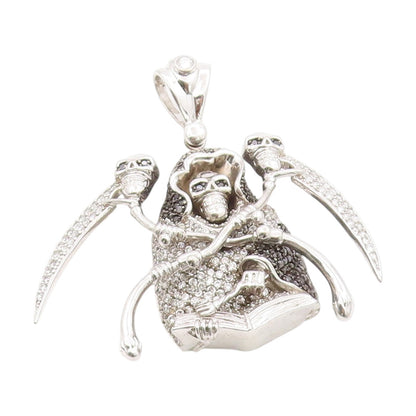 925 Sterling Silver Vintage Pendant Sparkling CZ Clustered Grim Reaper  PT25079