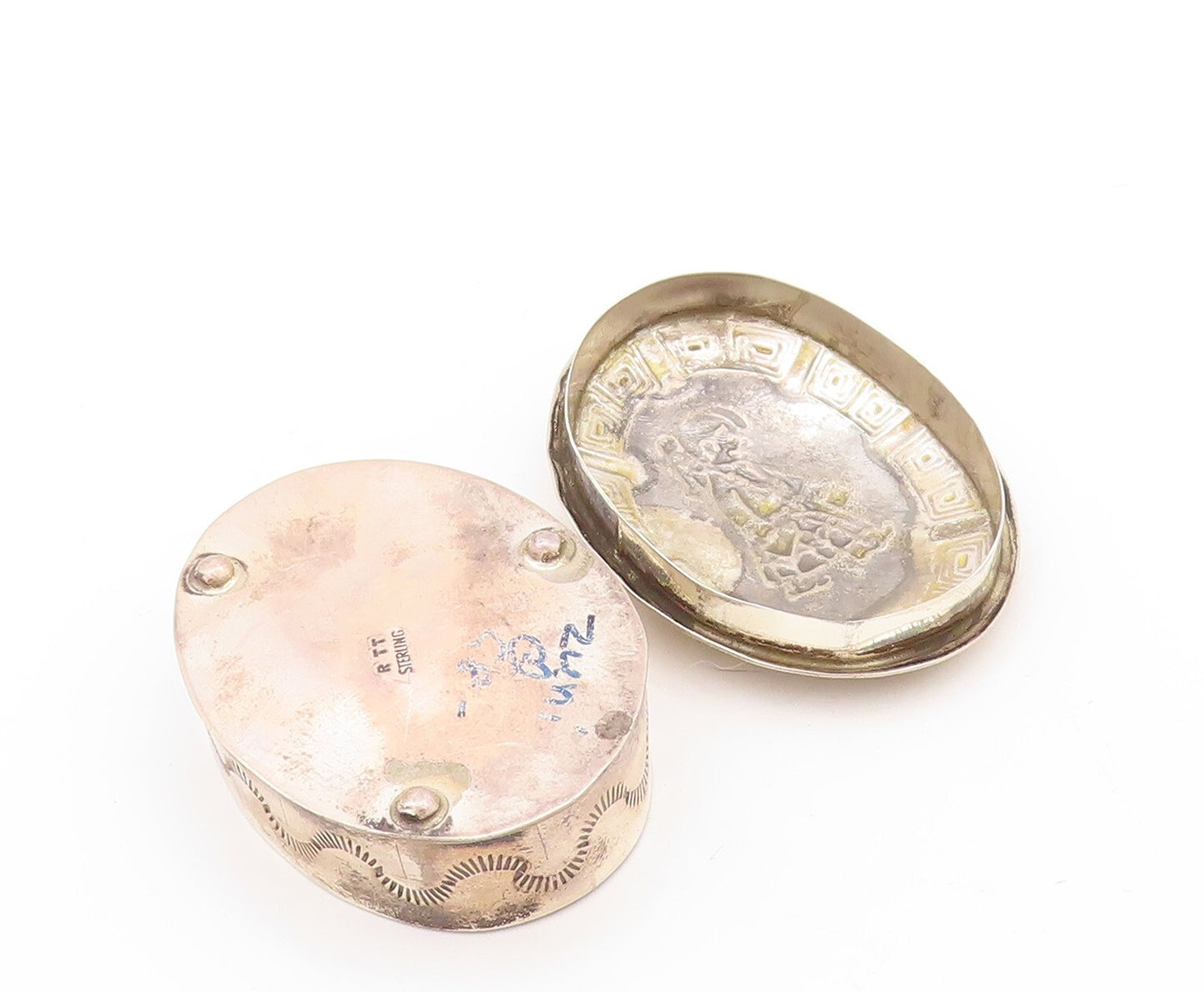 925 Sterling Silver Vintage Pill Box RTT NAVAJO Carved Girl (OPENS)  TR3793