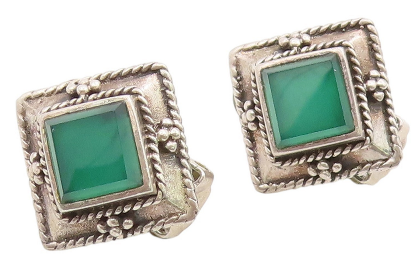 925 Sterling Silver Vintage Earrings Green Onyx Beaded Frame Clip On  EG14432