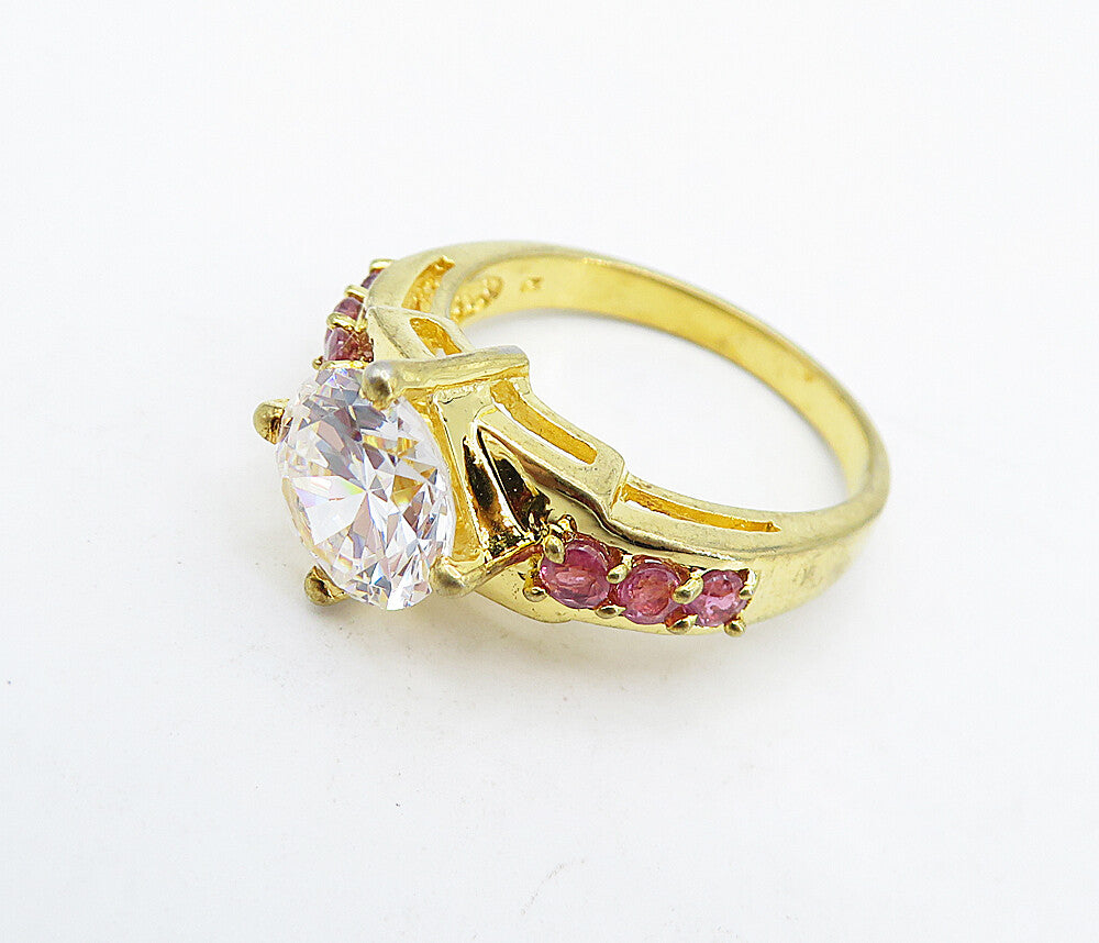 925 Silver  Cubic Zirconia & Pink Topaz Solitaire Accent Ring Sz 7.5  RG4964