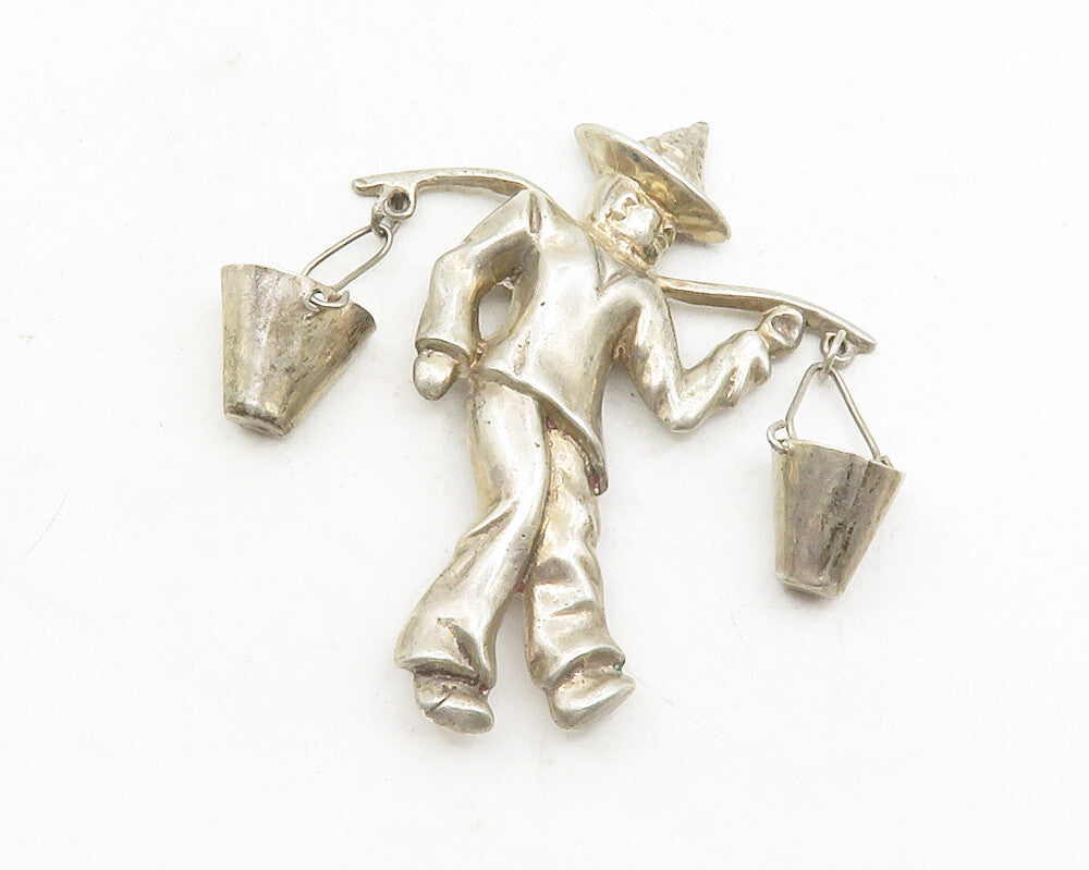 MEXICO 925 Sterling Silver  Vintage Man With Carrying Stick Brooch Pin  BP4672