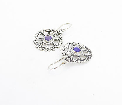 925 Sterling Silver  Amethyst Round Open Design Shiny Dangle Earrings  EG3799