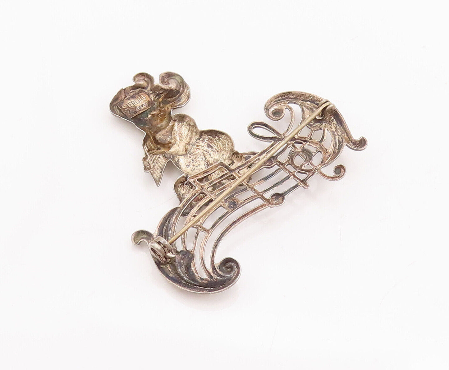 925 Sterling Silver Vintage Brooch Pin LANG Child Playing Musical Notes  BP10848