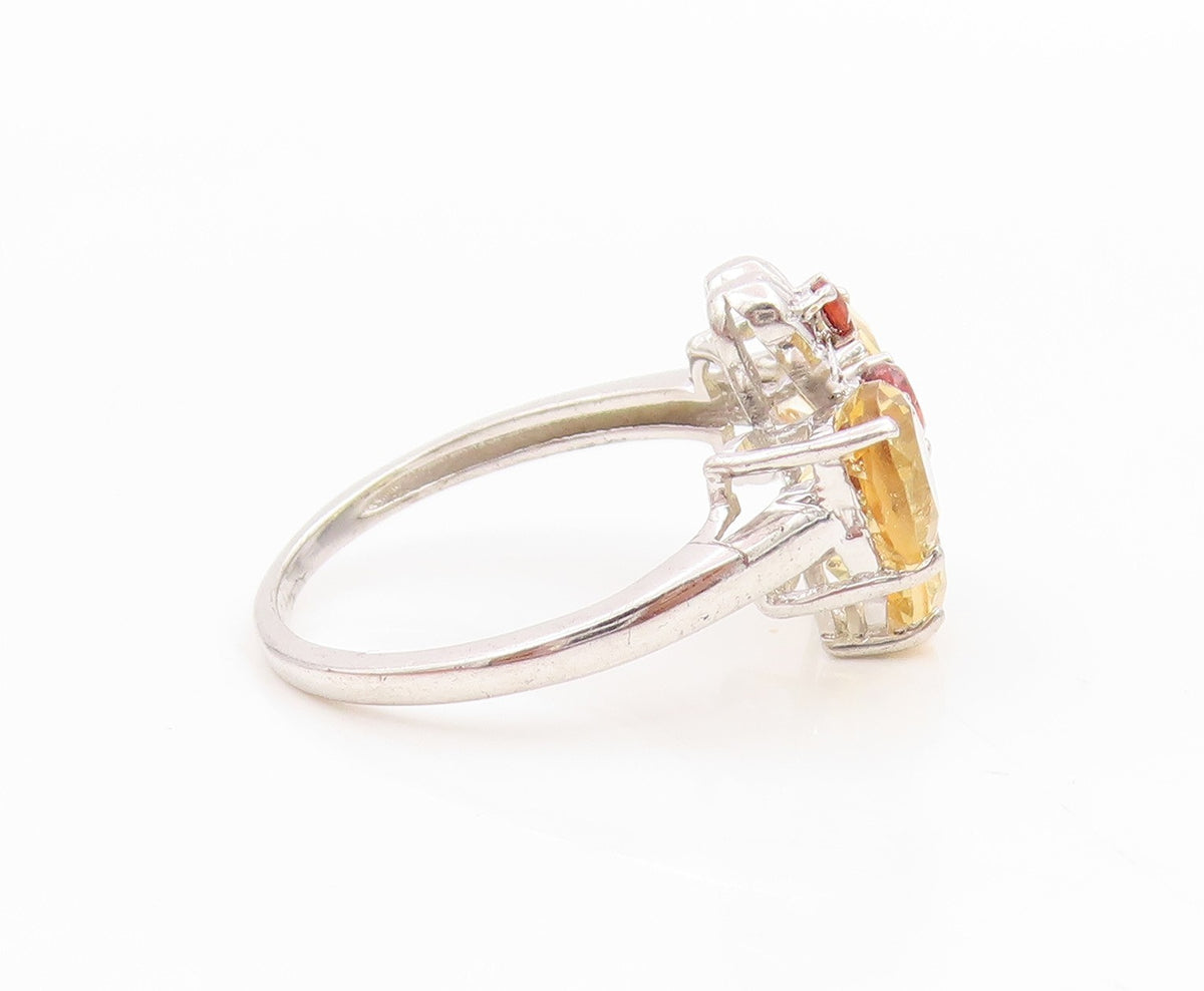 925 Sterling Silver Vintage Ring Citrine & Garnet Floral Petal  Sz 7  RG36172