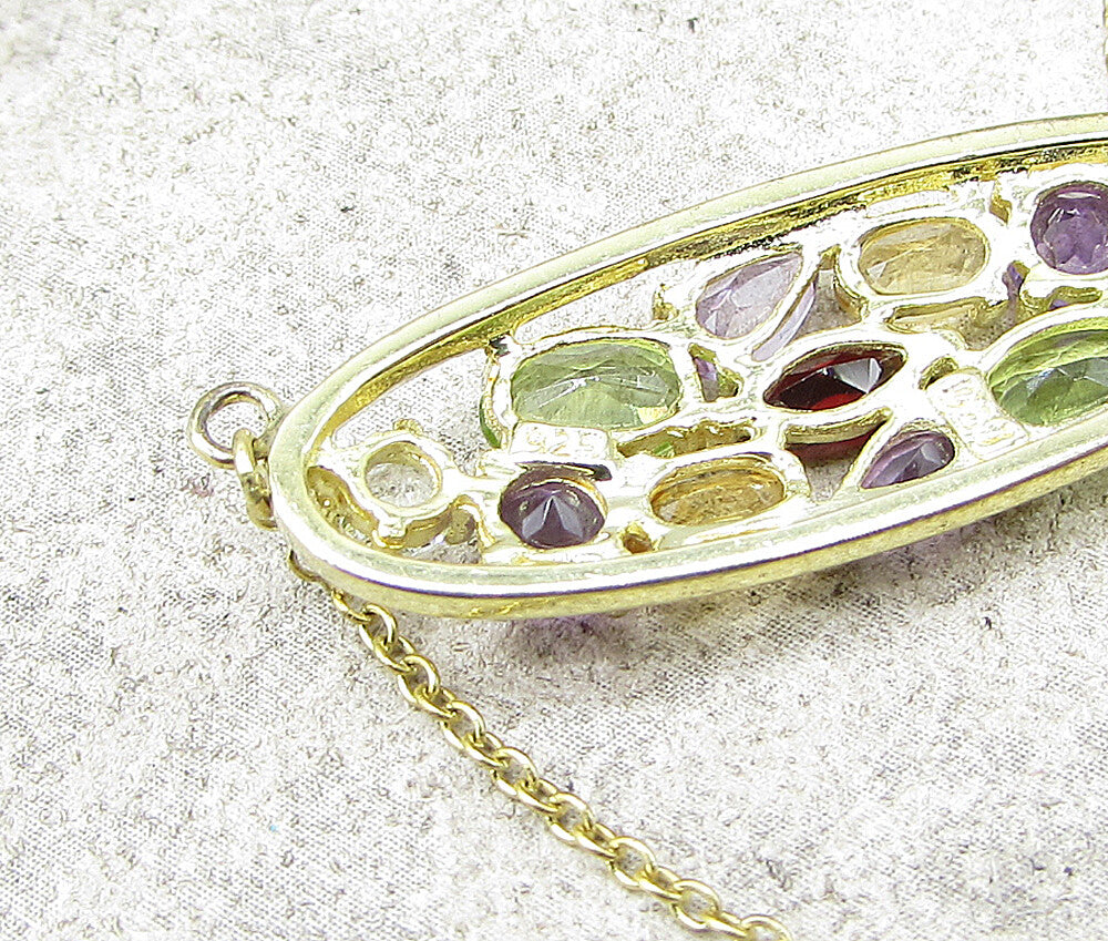 Gold Over 925 Sterling Silver Multi Colored Gemstones Oval Chain Necklace PT1293