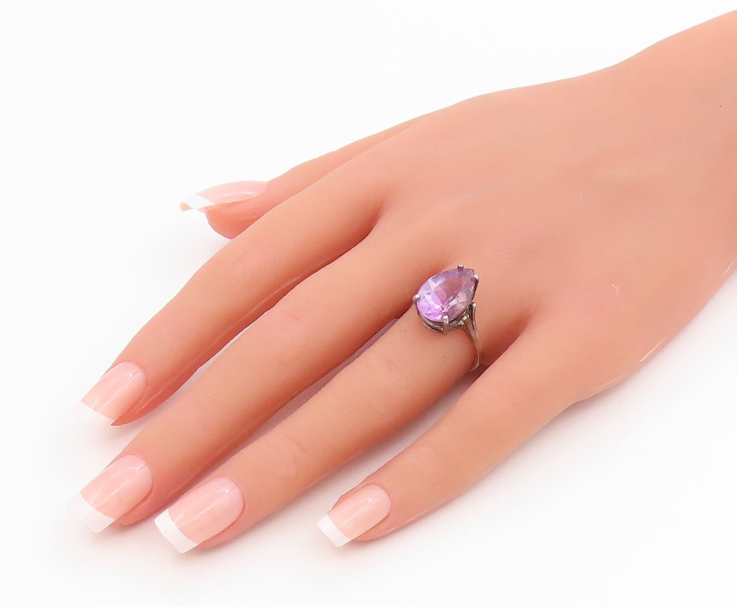 925 Sterling Silver Vintage Ring Pear Cut Amethyst Solitaire Band Sz 7.5 RG35839