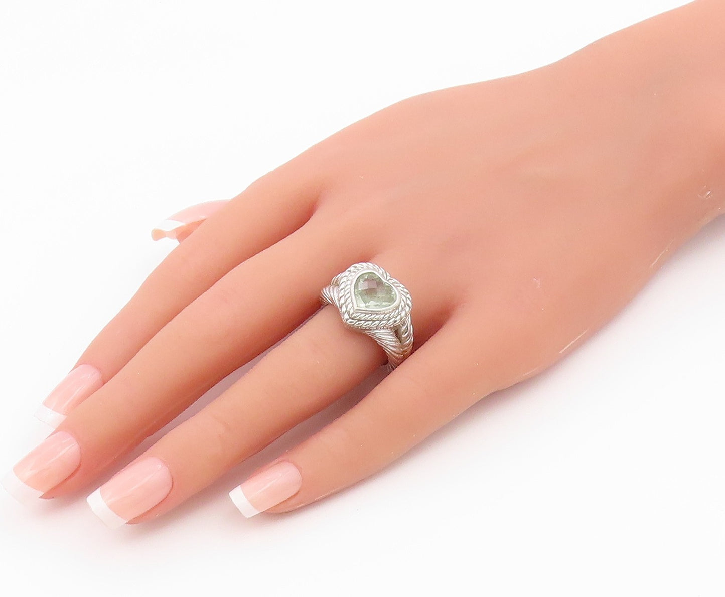 925 Sterling Silver Vintage Ring JUDITH RIPKA Green Amethyst Heart Sz 8 RG36574