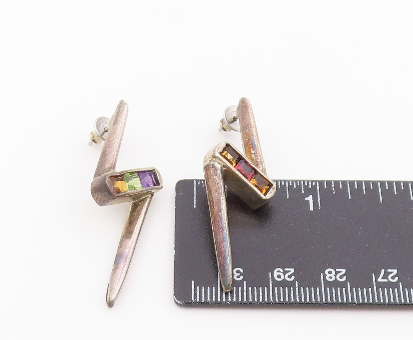 925 Sterling Silver Vintage Earrings MEXICO Gemstone Lightning Bolt Stud EG14426