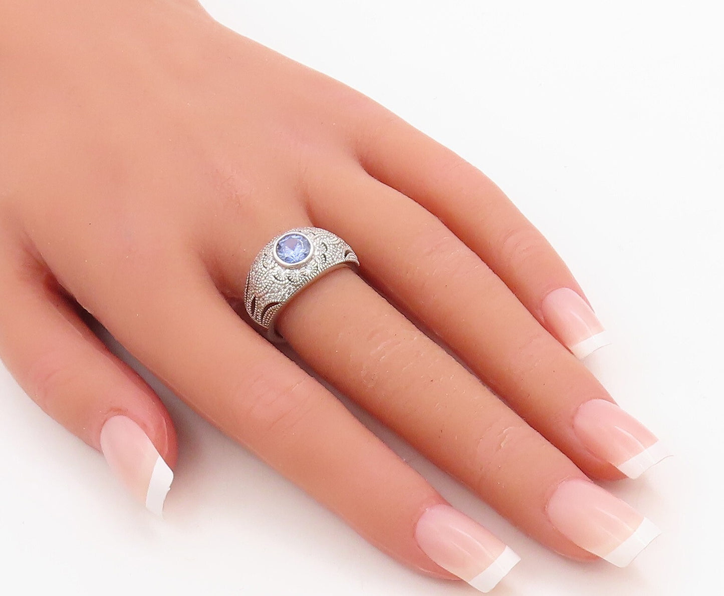 925 Sterling Silver Vintage Ring Floral Design Carved Sapphire & CZ Sz 7 RG30748