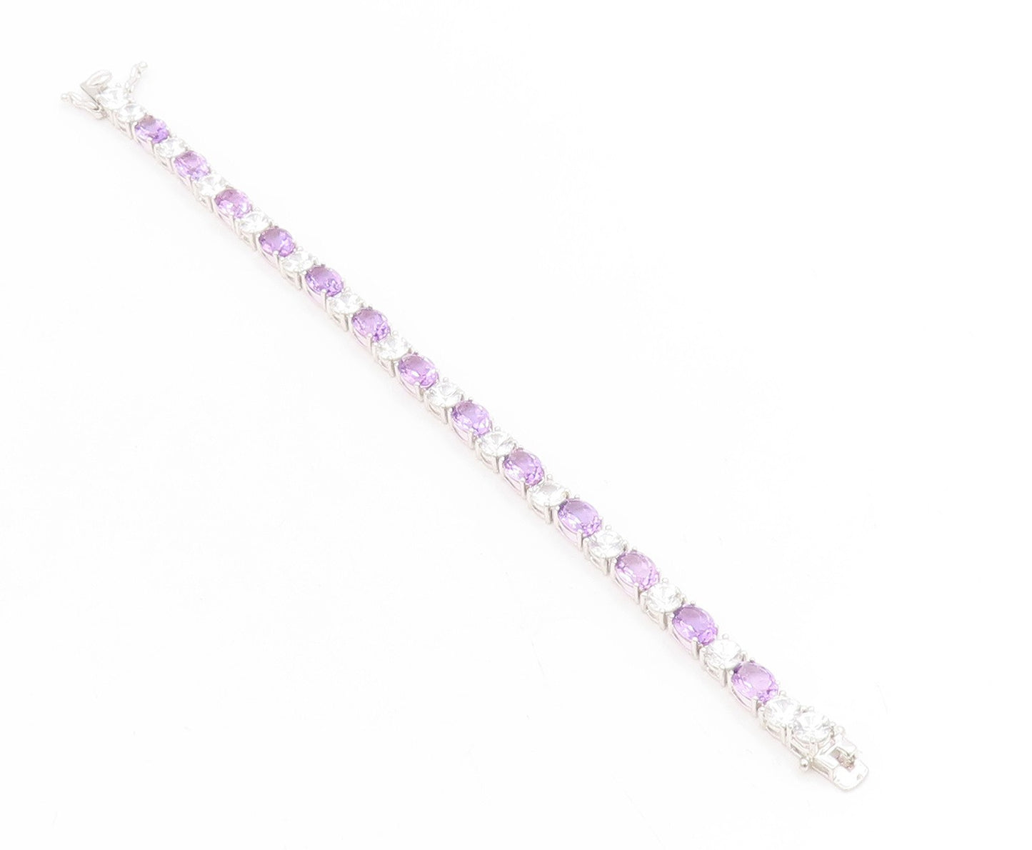 925 Sterling Silver Vintage Bracelet Amethyst & Topaz Tennis Link Chain  BT11750