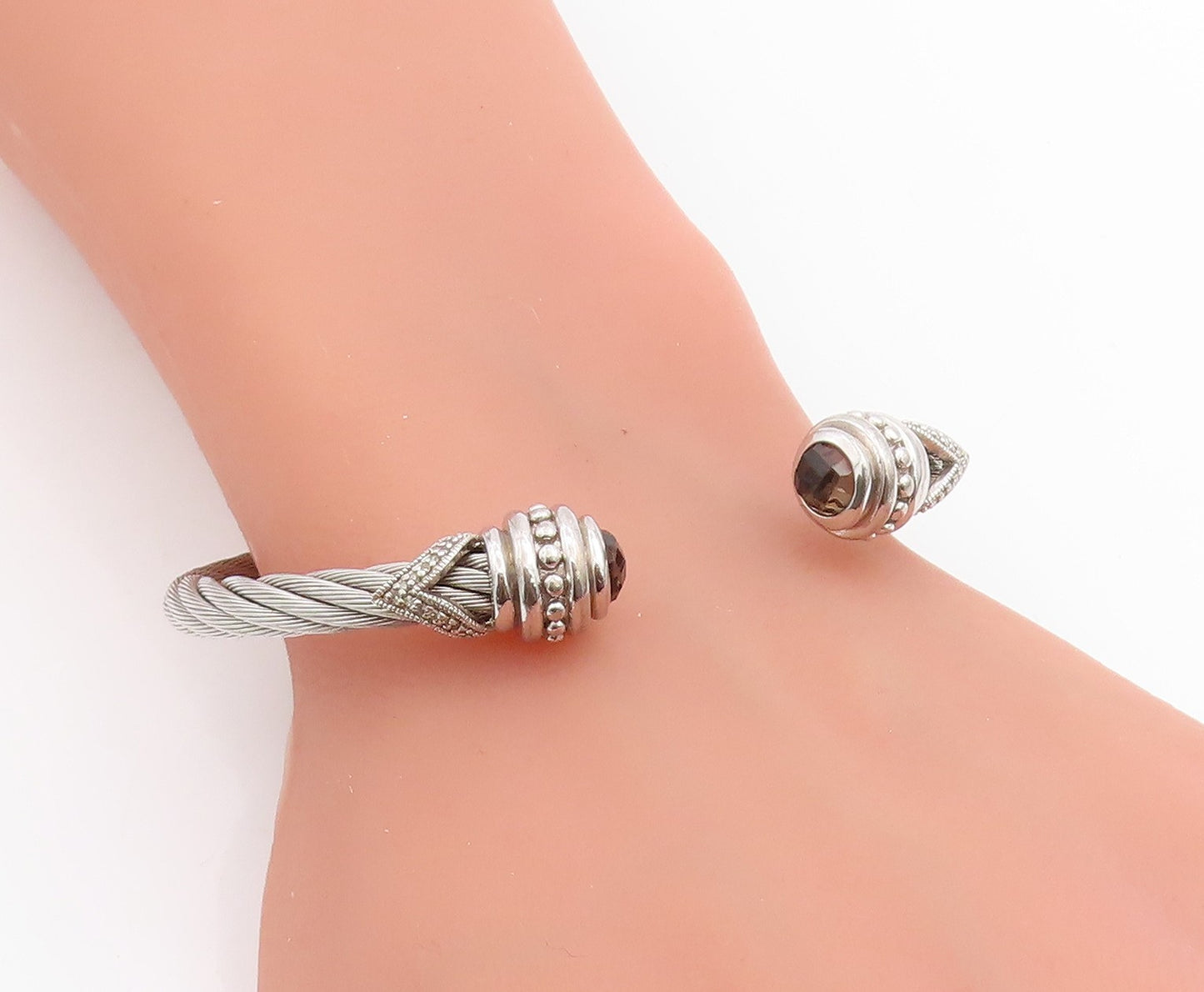 925 Sterling Silver Vintage Bracelet Real Diamonds & Smoky Quartz Cuff  BT11432