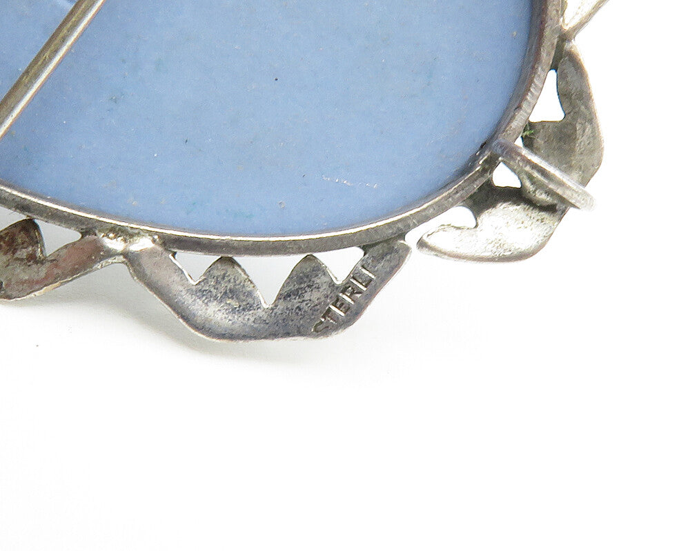 925 Sterling Silver  Vintage Carved Figure Blue Cameo Brooch Pin  BP5305