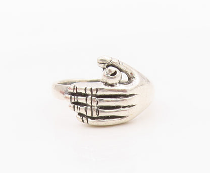 925 Sterling Silver Vintage Ring Modernist Etched Clasped Hands  Sz 9  RG36329