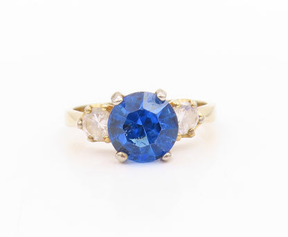 925 Sterling Silver Vintage Ring Gold Plated Round Sapphire Topaz  Sz 8  RG33365