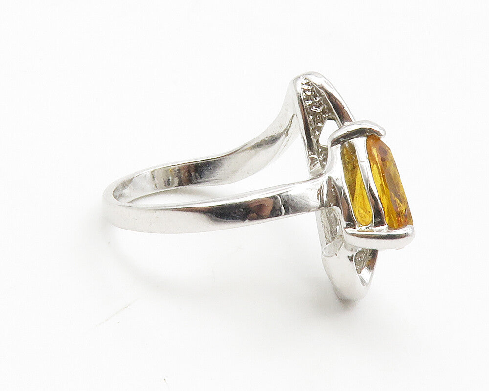 925 Sterling Silver  Tear Drop Citrine Shiny Swirl Band Ring Sz 6  RG14237
